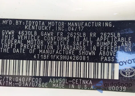 2017 Toyota Camry Le z USA, uszkodzony, nr VIN 4T1BF1FK9HU426081